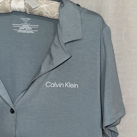 CK L Slate Seafoam Blue Modal Blend Notched Collar Short Sleeve Top Wide Leg PJ - Picture 8 of 16